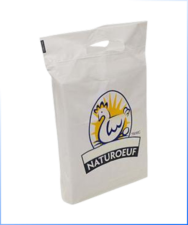 Boutique Bags – a white plastic bag with a handle, featuring a logo of a chicken hatching from an egg and the text "NATOEUF" on the front.