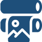 A blue icon depicting an abstract image of a photo print with a landscape outline and a circular element, suggesting photography or printing.