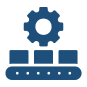 Blue icon of a gear above a conveyor belt with three boxes, representing manufacturing or automated production process.