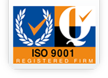 Logo showing a checkmark within a laurel wreath, a large "Q," and text stating "ISO 9001 Registered Firm" on a blue, black, white, and orange background.