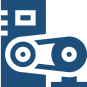 Blue and white graphic icon of a mechanical system with two pulleys connected by a belt, alongside rectangular shapes on the left.