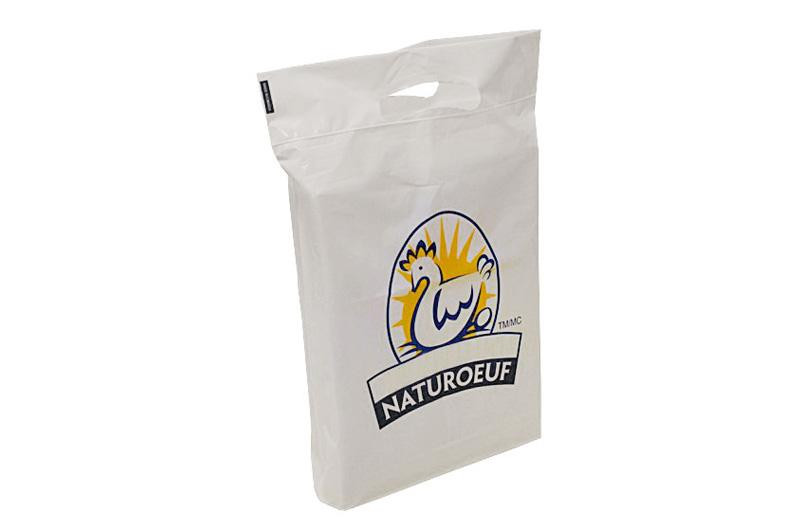 Boutique Bags – a white plastic bag with a handle features a logo of a chicken and sun, and the brand name "NATOUREUF" printed on the front.