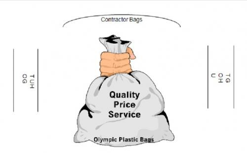 A hand holds the top of a tied plastic bag labeled "Quality Price Service Olympic Plastic Bags," with "Contractor Bags" above and product codes on either side.