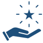 A blue icon of an open hand with a star above it, surrounded by small lines indicating light or emphasis.