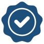 A blue badge with a white checkmark inside a circle, symbolizing verification or approval.