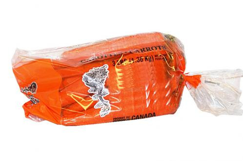 A clear plastic bag containing carrots, labeled "carrots" and showing a weight of 3 lbs (1.36 kg); the bag is marked as a product of Canada.