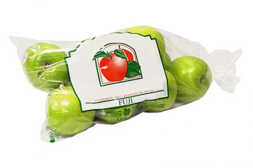Produce Bags – a clear plastic bag containing several green apples labeled "Fuji" with a red apple illustration on the packaging.