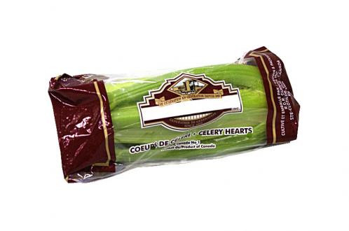 A plastic package of celery hearts labeled "Coeurs de céleri" with a maroon and white design.