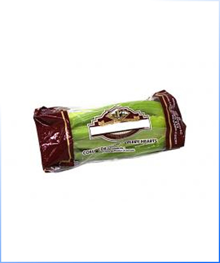 Produce Bags – a plastic-wrapped package of celery hearts with a brown and gold label on a white background.