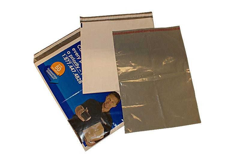 Three plastic mailing bags, one partially transparent and two opaque, are shown against a white background, with part of a blue advertisement visible inside one bag.