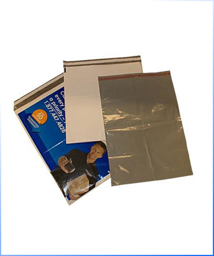 Two poly mailer envelopes with adhesive strips, one showing the front with a label and the other turned backside, placed on a white background.