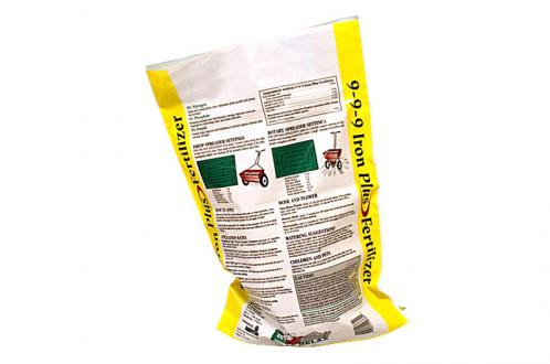Sand/Soil Bags – a bag of 9-9-9 Iron Plus Fertilizer with application instructions and illustrations printed on the packaging.