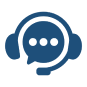 Blue icon of a headset with a microphone surrounding a speech bubble containing three dots, symbolizing customer support or communication services.