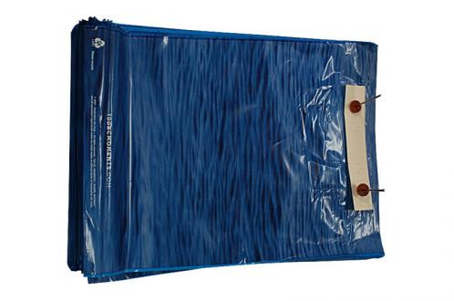 A stack of folded blue plastic tarps with reinforced corners and metal grommets, secured with a white tag and string.