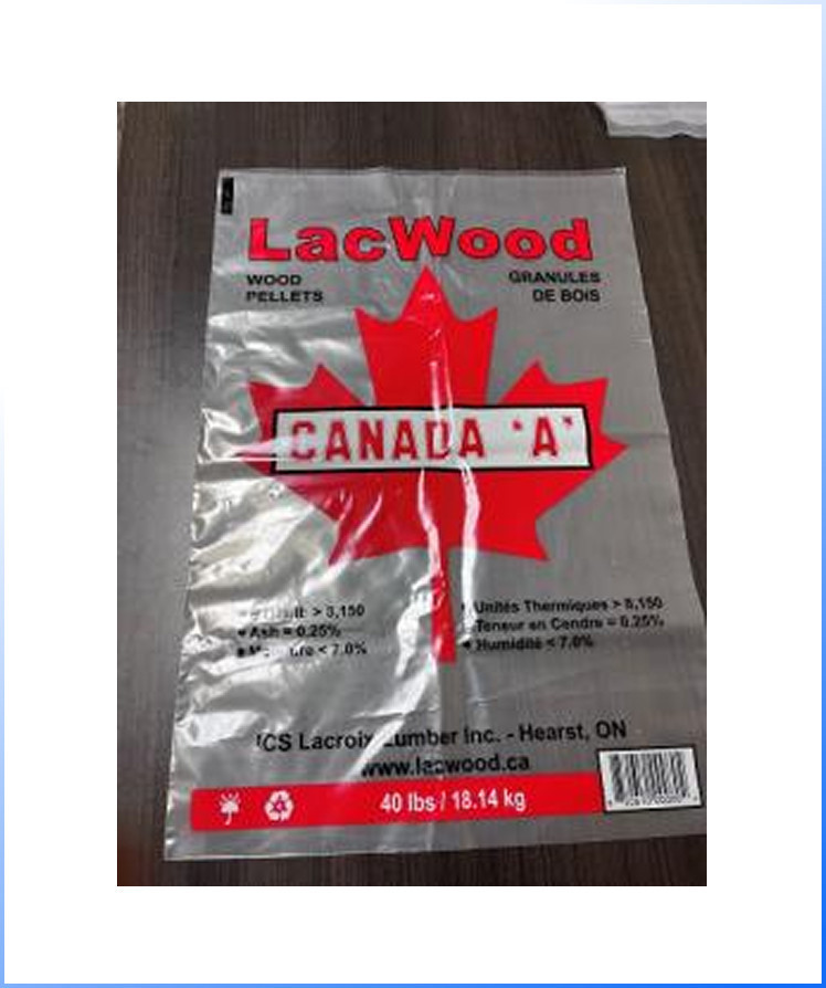 Clear LacWood plastic bag with a red maple leaf, labeled “Wood Pellets Canada A,” 40 lbs/18.14 kg, with manufacturer info and barcode at the bottom.