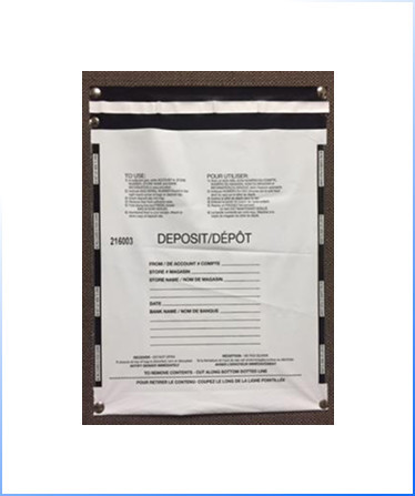 A deposit slip form attached to a board with metal rings, featuring fields for account, branch, date, bank name, and other banking information in English and French.