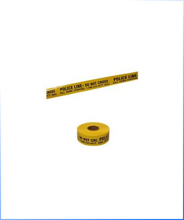 A roll of yellow police line tape with black text reading "POLICE LINE - DO NOT CROSS" and a stretched section of the tape above it.