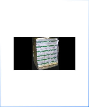 A pallet stacked with boxes of paper, wrapped in plastic, set against a black background.