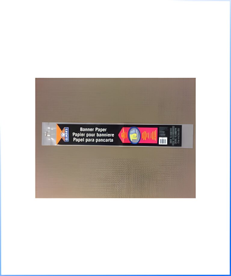 Banner Tubing – a roll of banner paper in packaging labeled in English, French, and Spanish, placed on a brown surface.