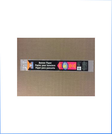 Banner Tubing – a roll of banner paper in packaging labeled in English, French, and Spanish, placed on a brown surface.