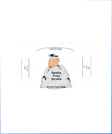 Contractor Bags – a labeled contractor bag tied at the top, featuring the words "Quality Price Service" and "Dynamic Plastic Bags," with height and width dimensions shown.