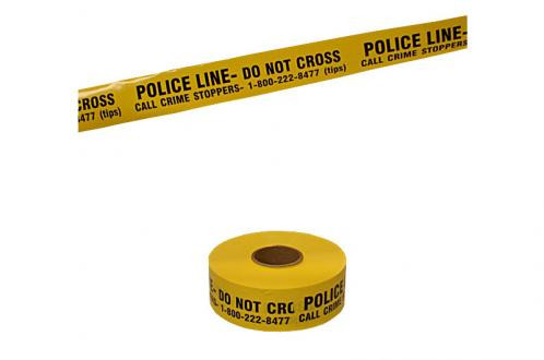 A roll of yellow police line tape with black text reading "POLICE LINE - DO NOT CROSS" and a phone number for crime stoppers.