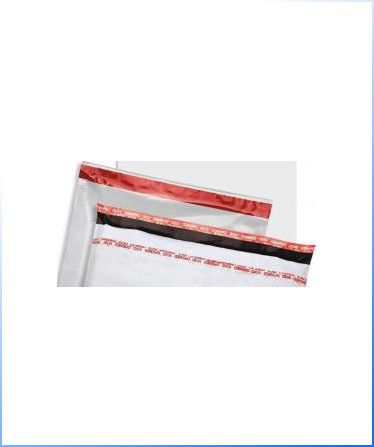 Security Bags – two white poly mailer envelopes with red and black adhesive strips are stacked on top of each other against a plain background.