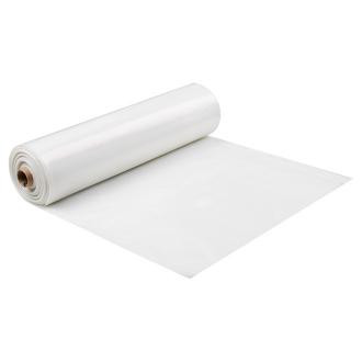 A roll of white plastic sheeting partially unrolled on a plain background.