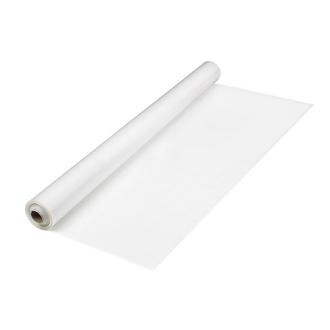 A roll of transparent plastic sheeting partially unrolled on a white surface.